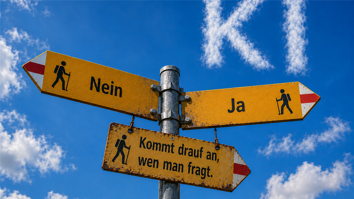 Wegweiser mit Nein, Ja und «Kommt drauf an, wen man fragt»